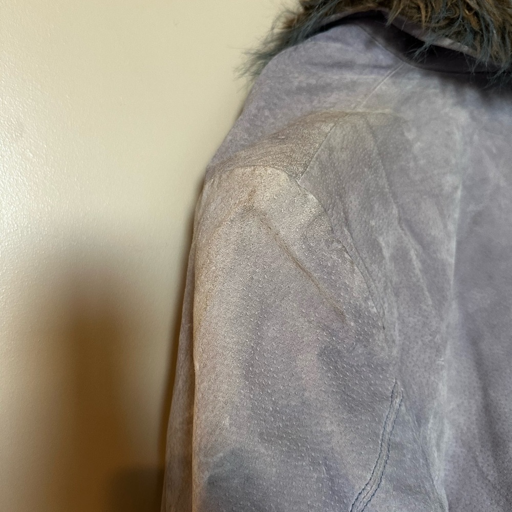 Outbrook Faux Fur Collar Belted Vintage Dusty Periwinkle Suede Jacket - Picture 7 of 10